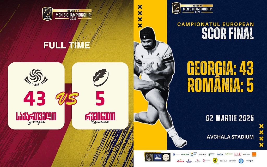 REC 2025 / SEMIFINALE / GEO - ROM 43-5: Stejarii au suferit o înfrângere clară la Tbilisi, reușind să-și salveze onoarea la ultima fază