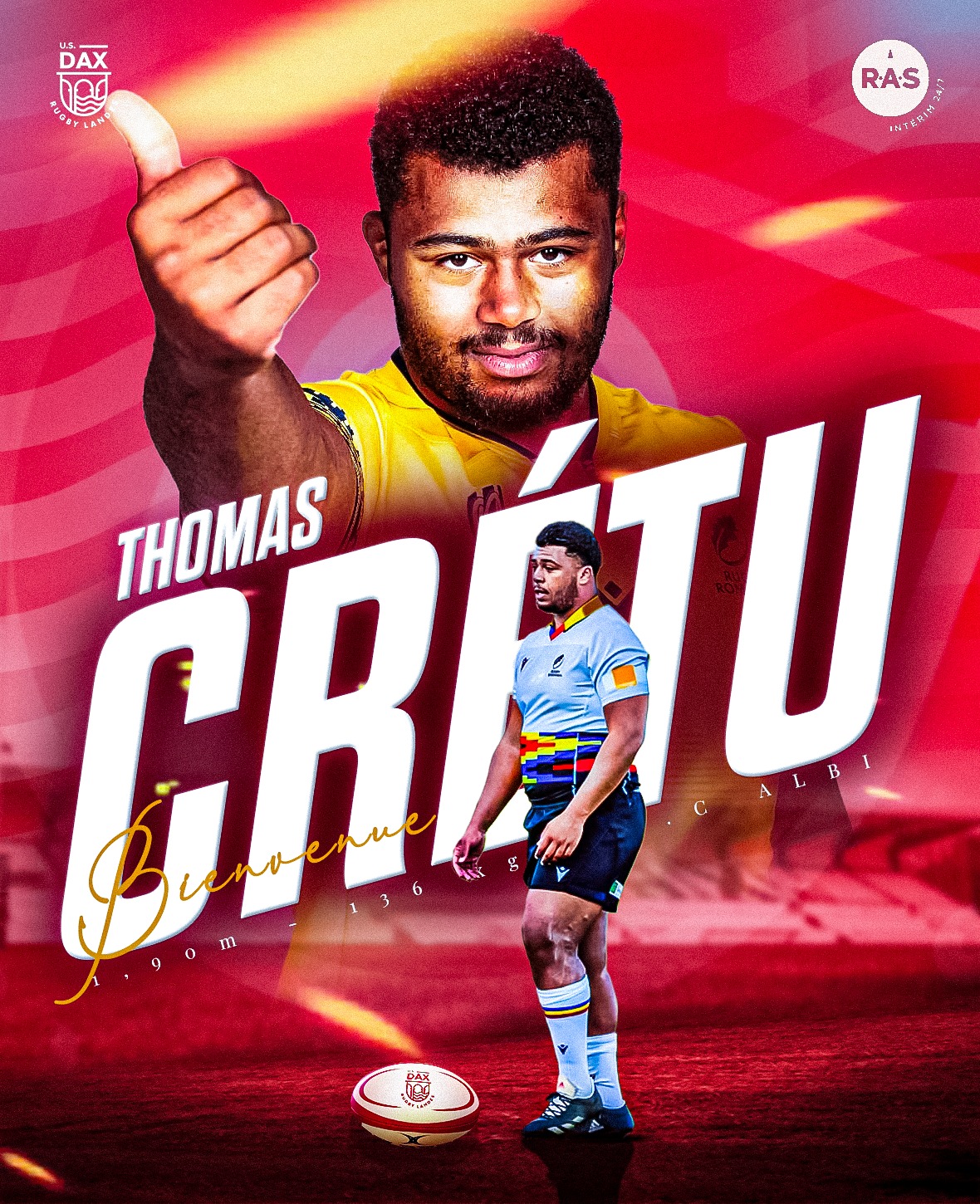 FRANȚA / PRO D2: Internaționalul român Thomas Crețu a semnat cu US Dax Rugby Landes