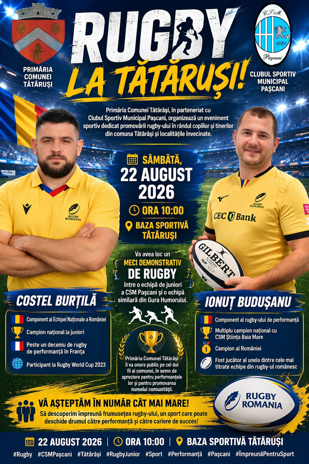 ROMÂNIA / COPII ȘI JUNIORI: Costel Burțilă și Ionuț Budușan se întâlnesc cu copiii iubitori de rugby din Tătăruși